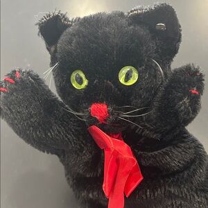 Stiff vintage black cat hand puppet. 1960’s green glass eyes . Mohair